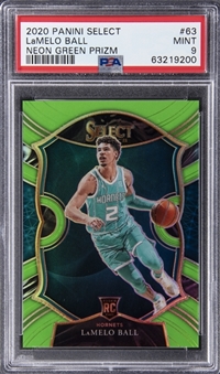 2020/21 Panini Select Concourse Neon Green Prizm #63 LaMelo Ball Rookie Card (#01/75) - PSA MINT 9